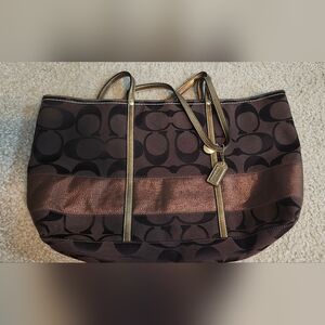 Coach Signature Stripe Shoulder Tote Bag Brown & Bronze